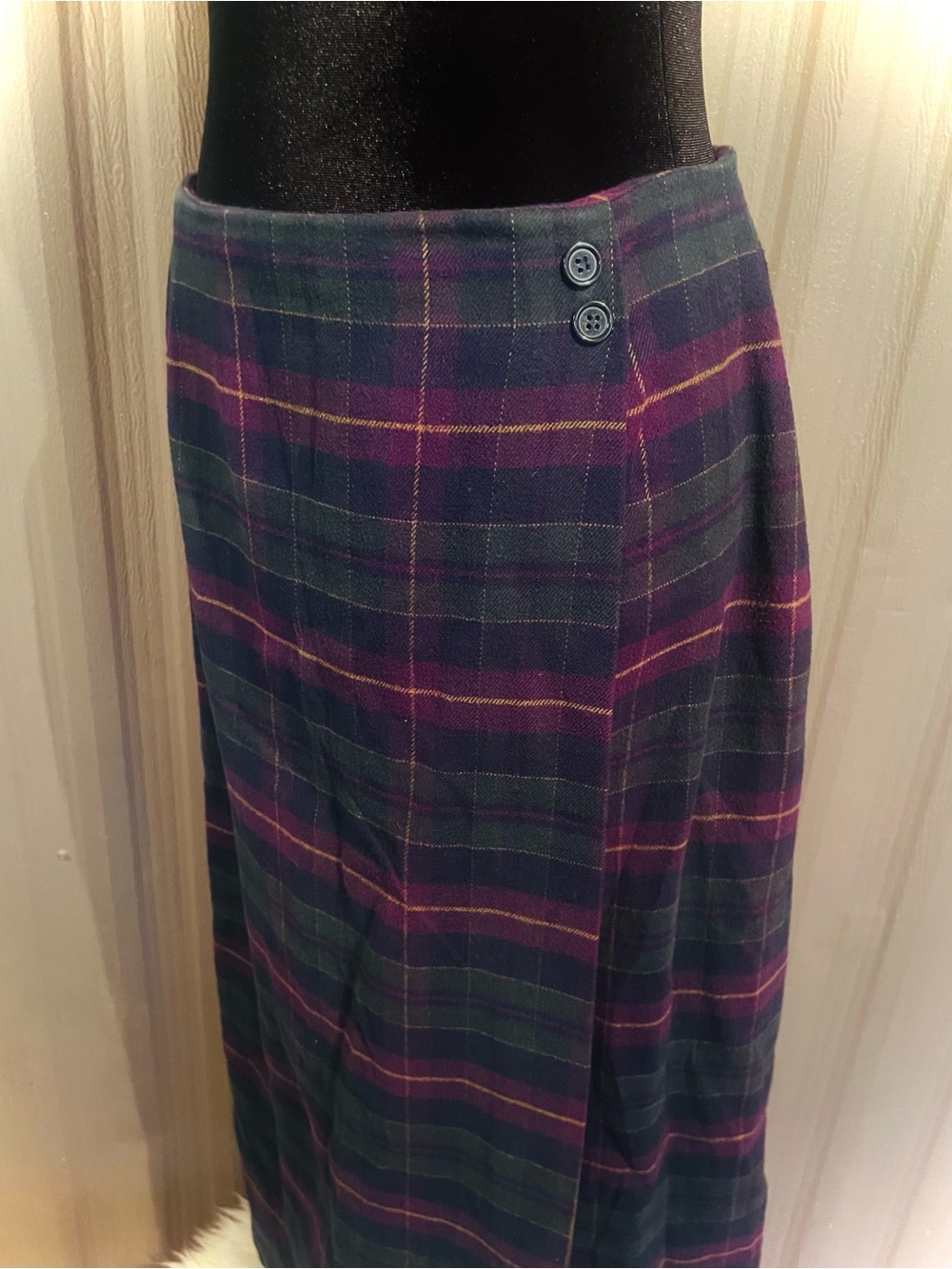 VTG Talbots Long Faux Wrap Skirt Green Purple Plaid Flannel Maxi sz 12 - Picture 2 of 14